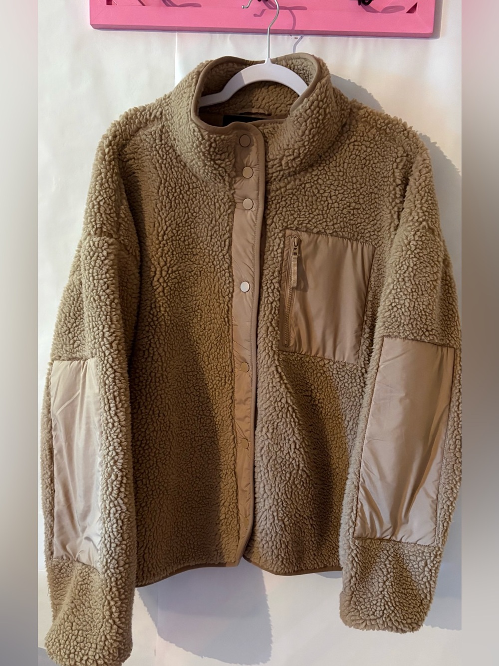 Fabletics Taupe Teddy Sherpa Jacket with Nylon Panels